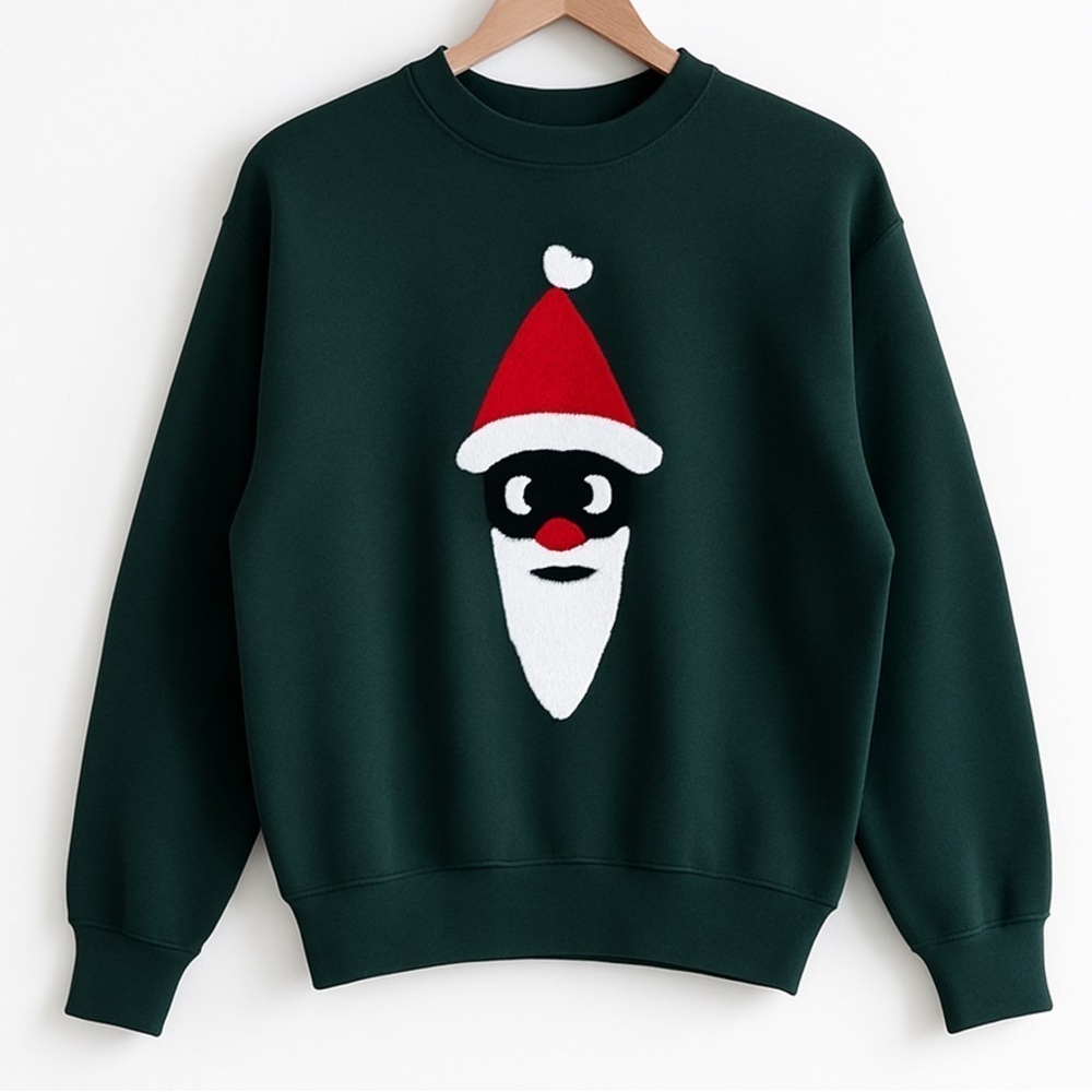 Handmade Fruit of the Loom Dark Green Festive Santa Crewneck Sweatshirt M